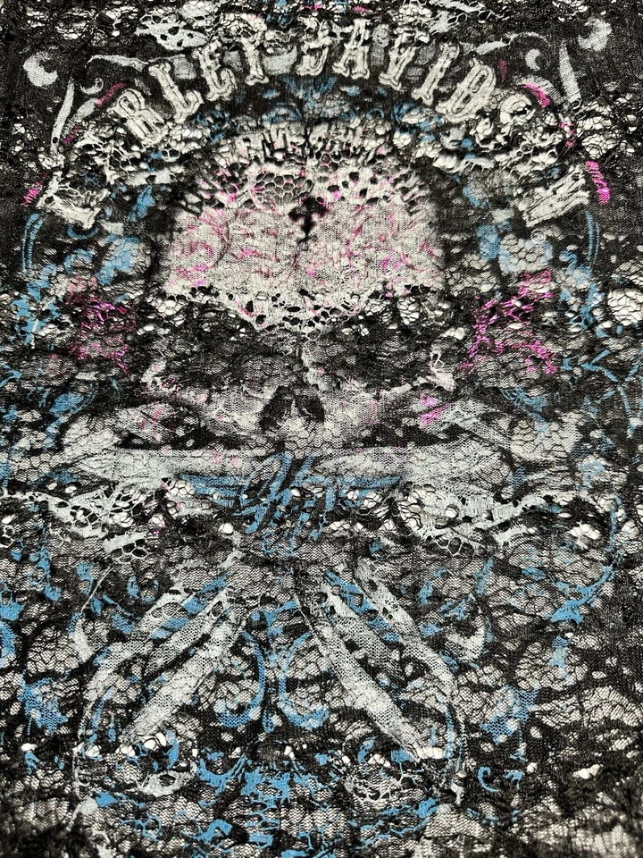 Harley Davidson Black Lace Skull Print 3/4 Sleeve Mini Dress Blouse size Small - Image 3 of 4