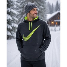 Nike Mens Therma-FIT Hoodie Black Neon Green Swoosh Pullover 620173-011 Size L