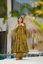 Women's Sanganeri Print Cotton Anarkali Kurta Pant 3 Pc Set with Malmal Dupatta