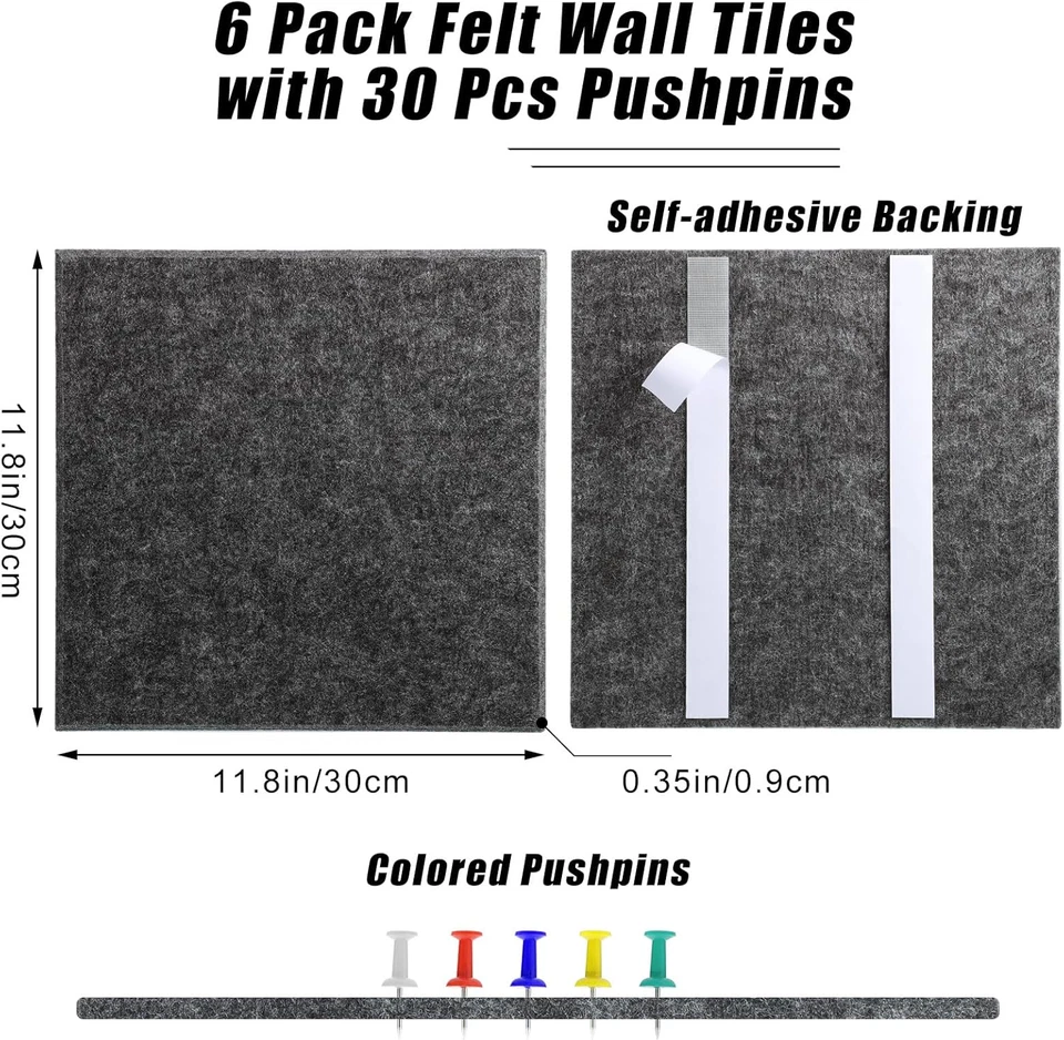 Large Cork Board 36" X 24", 6 Pack Felt Wall Tiles with 30 Pcs Pushpins, Bulleti - Image 3 of 4