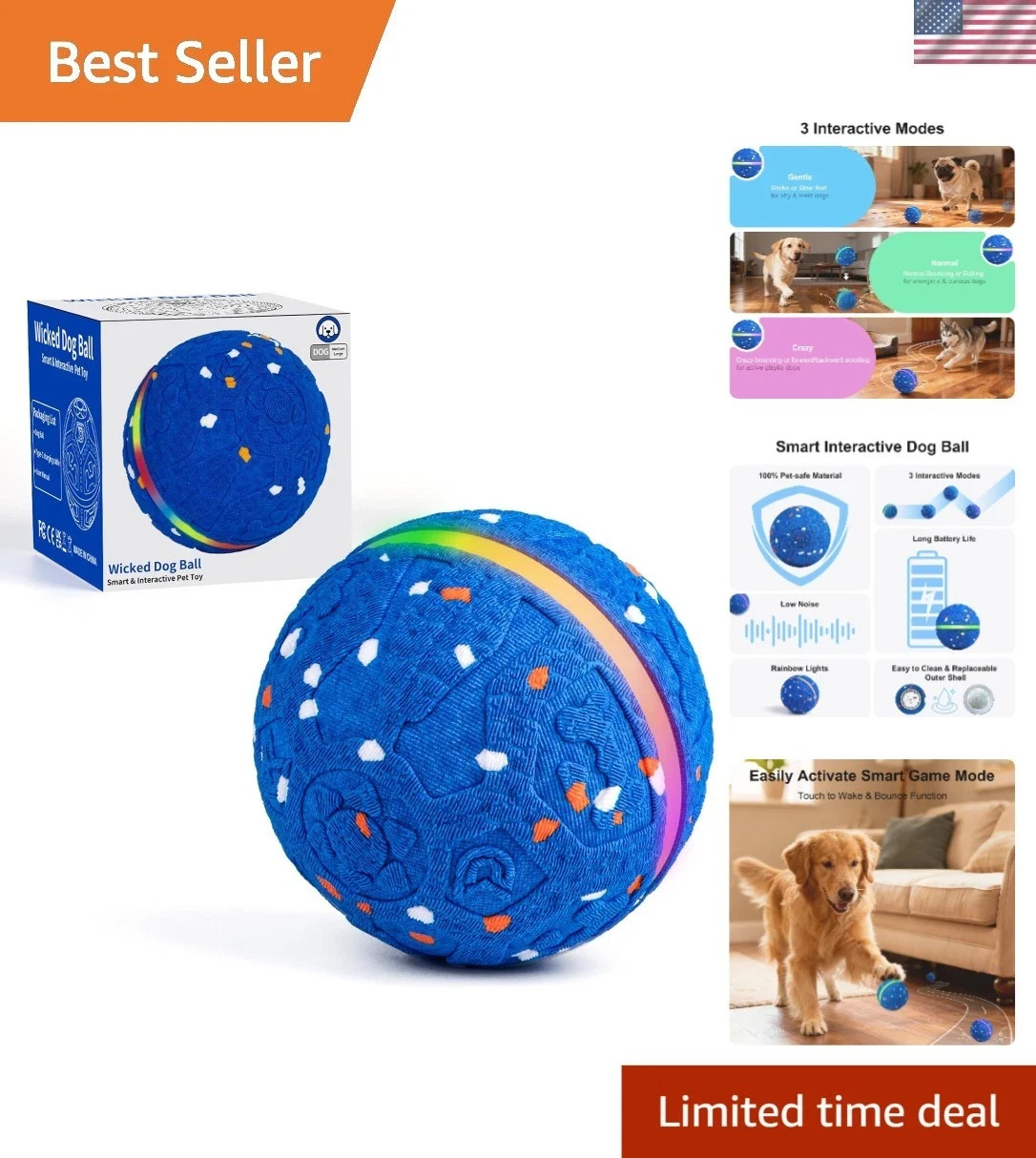 Dog Ball, Durable E-tpu Material, 3 Play Modes, Durable