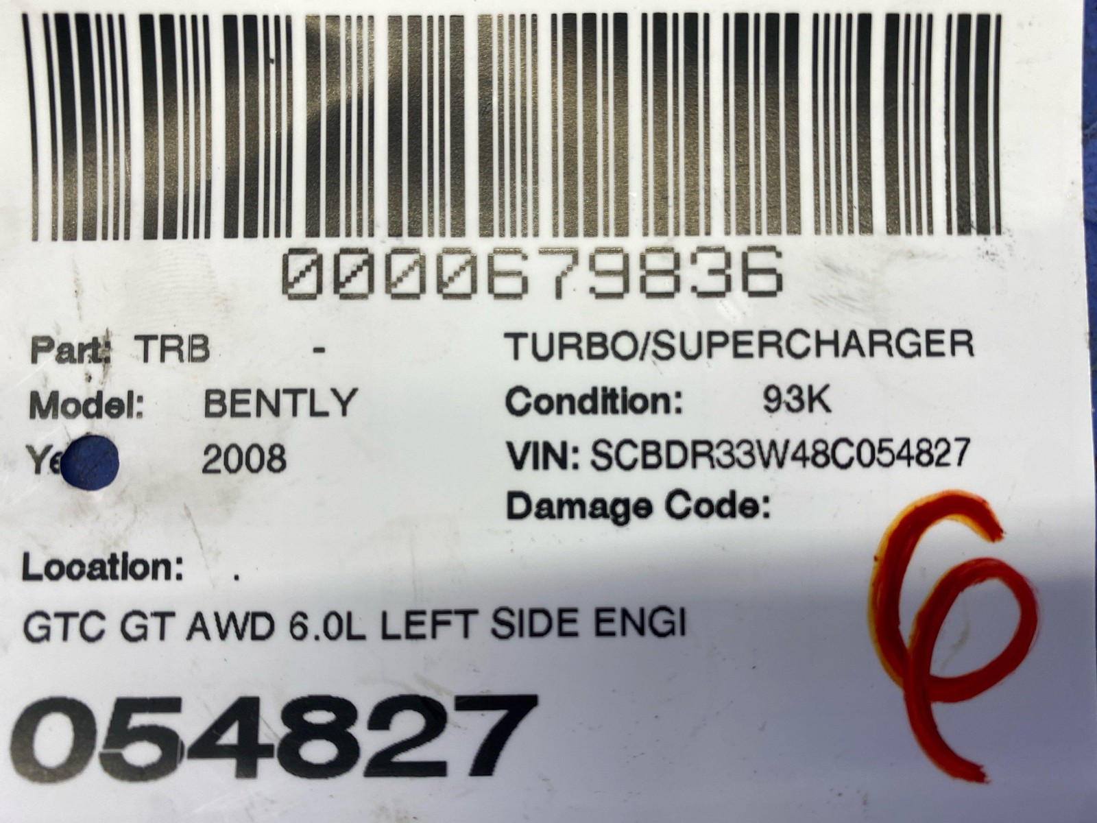 2006-2012 BENTLEY CONTINENTAL GTC GT AWD 6.0 LEFT SIDE ENGINE MOTOR TURBOCHARGER