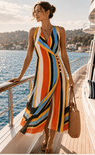 Tory Burch Bettina Silk Stripe Midi Dress | Colorblock Sleeveless Resort Mediter
