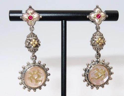 Barbara Bixby Sterling 14K Gold Mother of Pearl OM Doublet Pierced Earrings