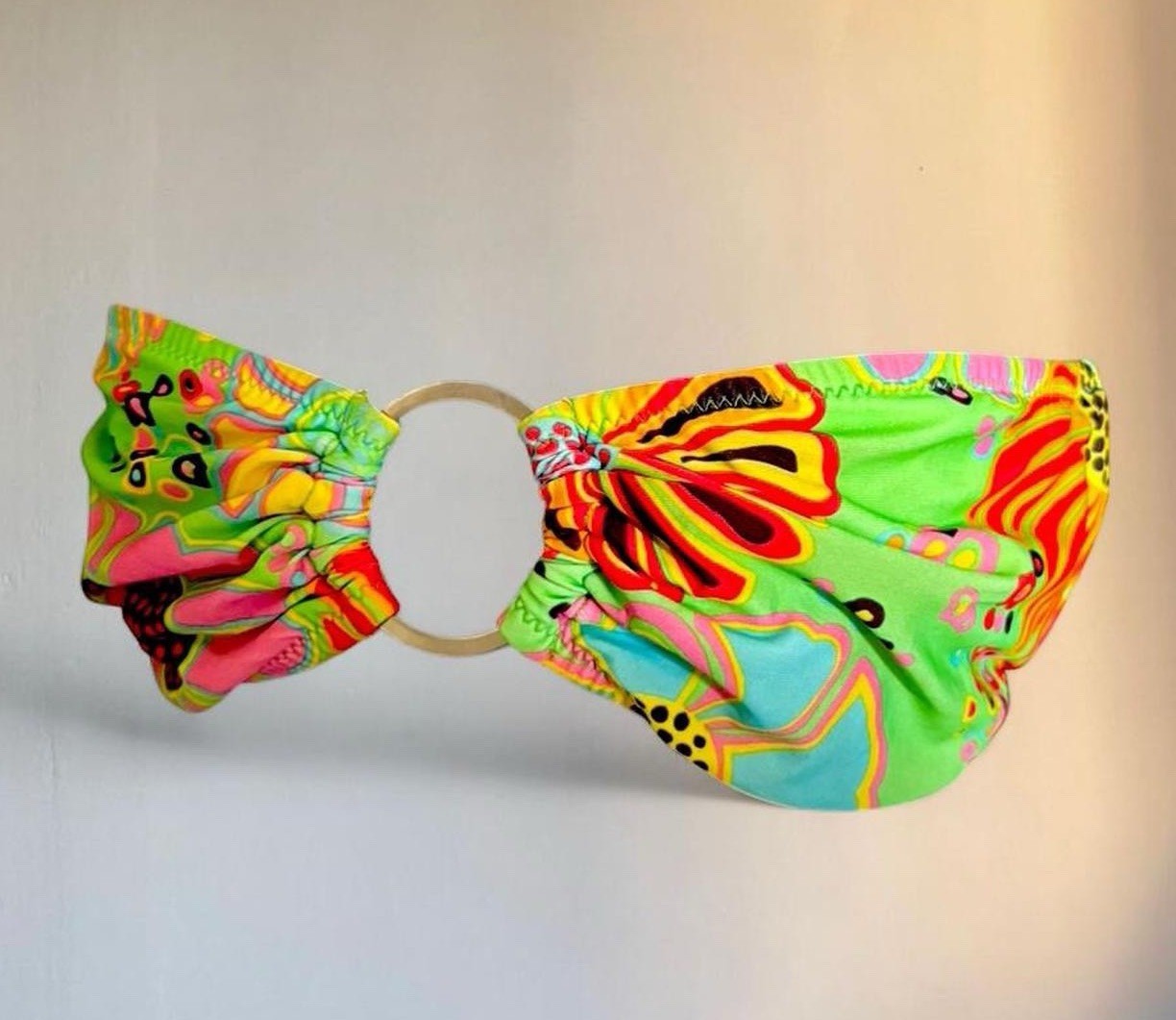 Vintage Rampage Y2K Bikini Top Medium Green Abstract Ring Tie Back Swim