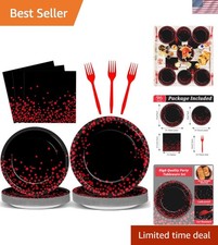 96 piezas platos y servilletas de fiesta negros y rojos suministros de fiesta punto rojo sobre negro...