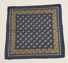 ITALO FERRETTI Silk Blue Gold Horses Pattern Pocket Square Made in Italy