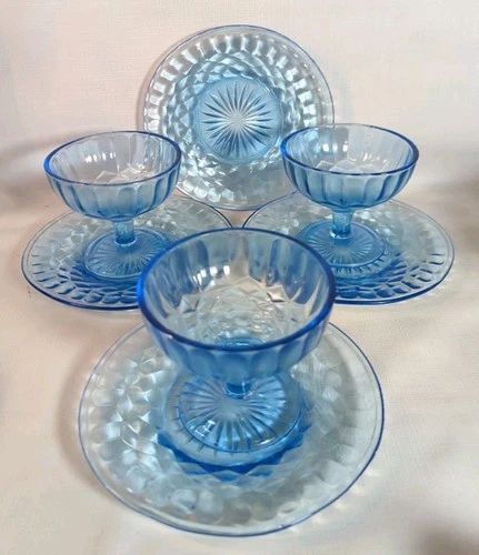 Aunt Polly Ice Blue Sherbets & Saucer Plates Lot Of 7 US Glass Company Read Vtg