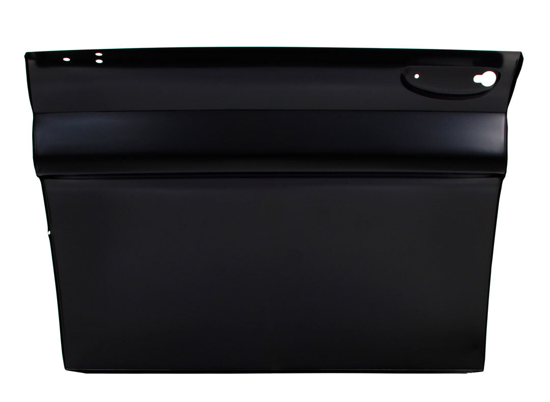 Black RH 64-66 Chevy C/K truck front door with matching leather side panels and small white gas cap opening.