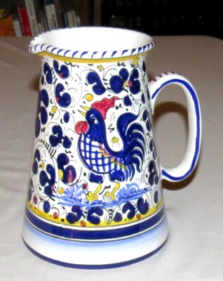 Fima Deruta Italy 7.1/2 inch Hand-painted Ceramic Pitcher - Flowers Cockerel