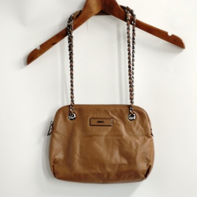 DKNY Crossbody Shoulder Bag  Soft Brown Leather Chain Convertible  12 x 9