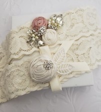 BRIDAL Wedding Garter Set, Lace HANDMADE Dusty Pink Rosettes Rhinestones Pearl