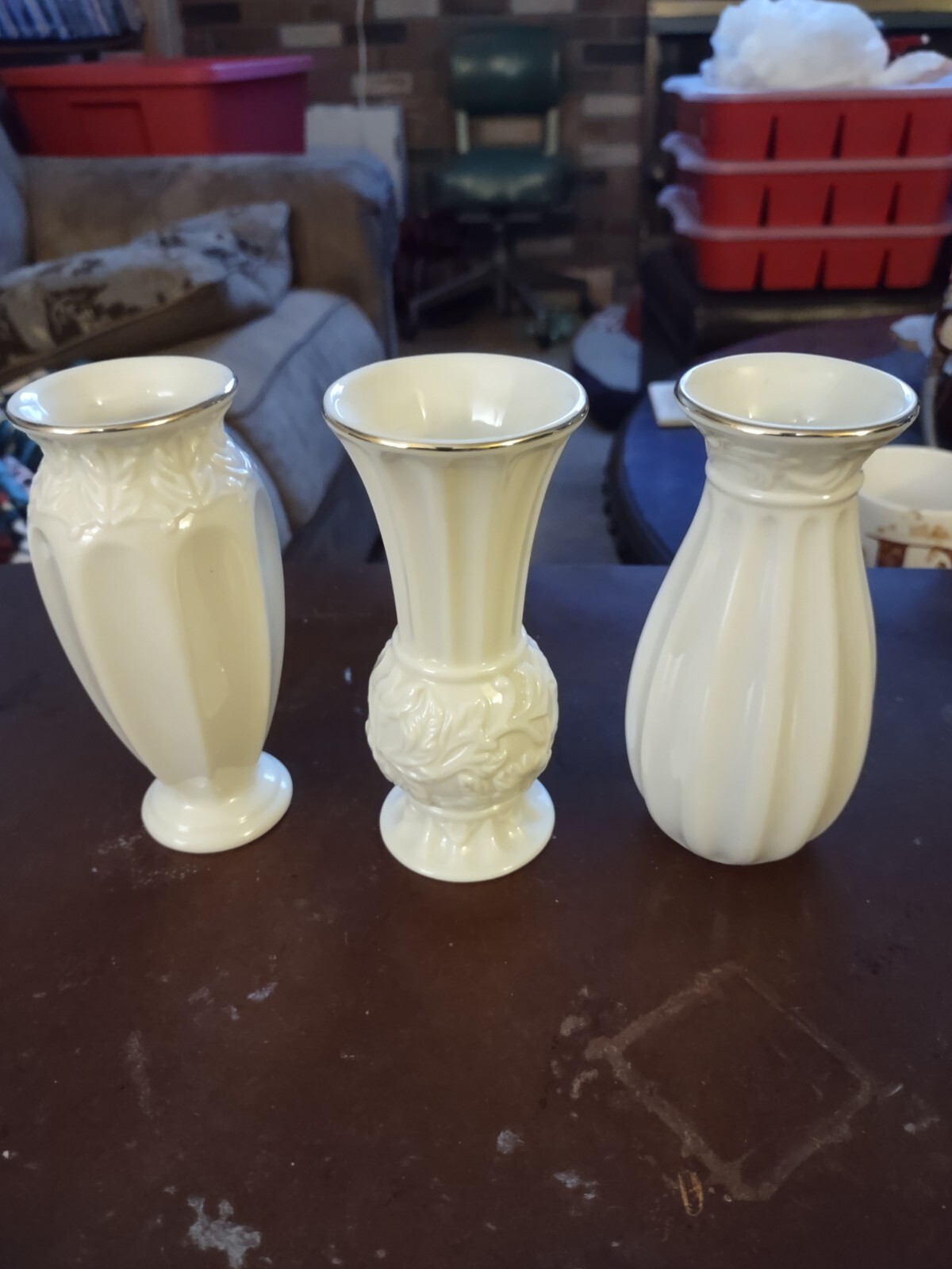 CLASSIC LENOX Set of 3 CARVED BUD FLOWER VASES 5" High Ivory with Gold
