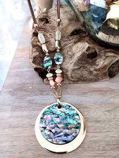Natural Abalone Shell Necklace Round Shell Pendant Statement Piece Long Necklace