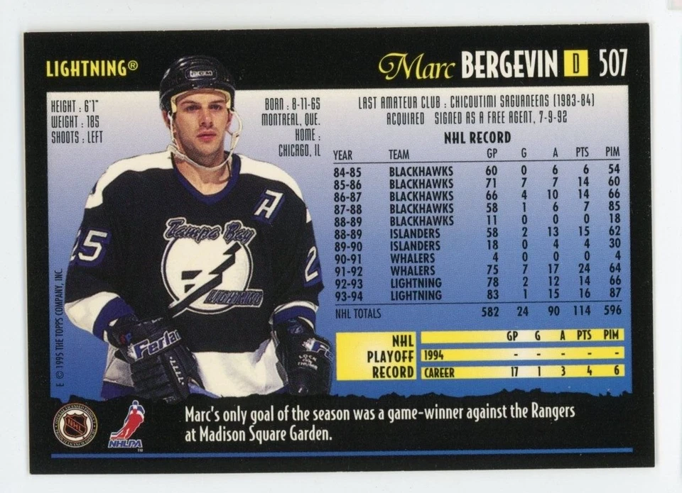 1994-95 Topps Premier Lightning Hockey Card #507 Marc Bergevin - Image 2 of 2