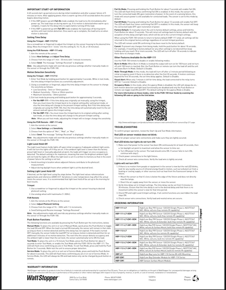 Wattstopper Legrand HBP-112-L7-EM1-OEM PIR sensor with extender module (new) - Image 4 of 4