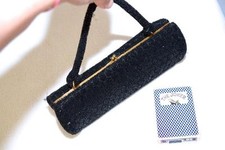 Vintage Beaded Bead Black Gold Framed Purse Handbag w/Coin