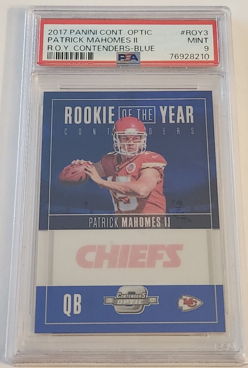 Patrick Mahomes Panini Contenders Optic Rookie of the Year Contenders #ROY3 Blue