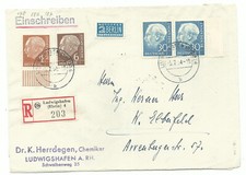 Bund R-Brief-VS u.a. Mi-Nr. 187 waag.Randpaar LUDWIGSHAFEN 1954 n. Elberfeld R!