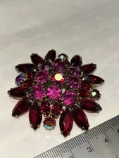 Flower Red Pink Rhinestones Navette JULIANA D&E Vintage Brooch Pin