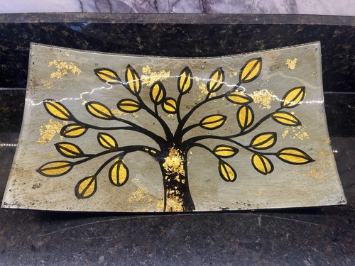 Decorative Square Gold Leaf Glass Tray with Leaf Design 12”x7”x2”