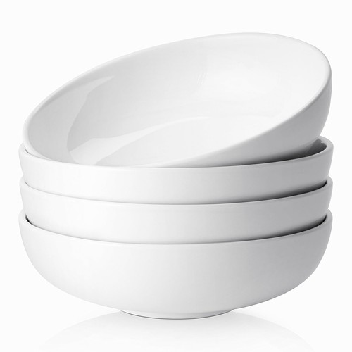 8.5 Deep Pasta & Salad Bowls Set of 4 47oz Elegant White Porcelain Ceramic