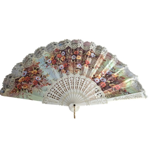 Vintage Floral Lace Trim Folding Fan Ivory Resin Filigree Cottagecore Victorian