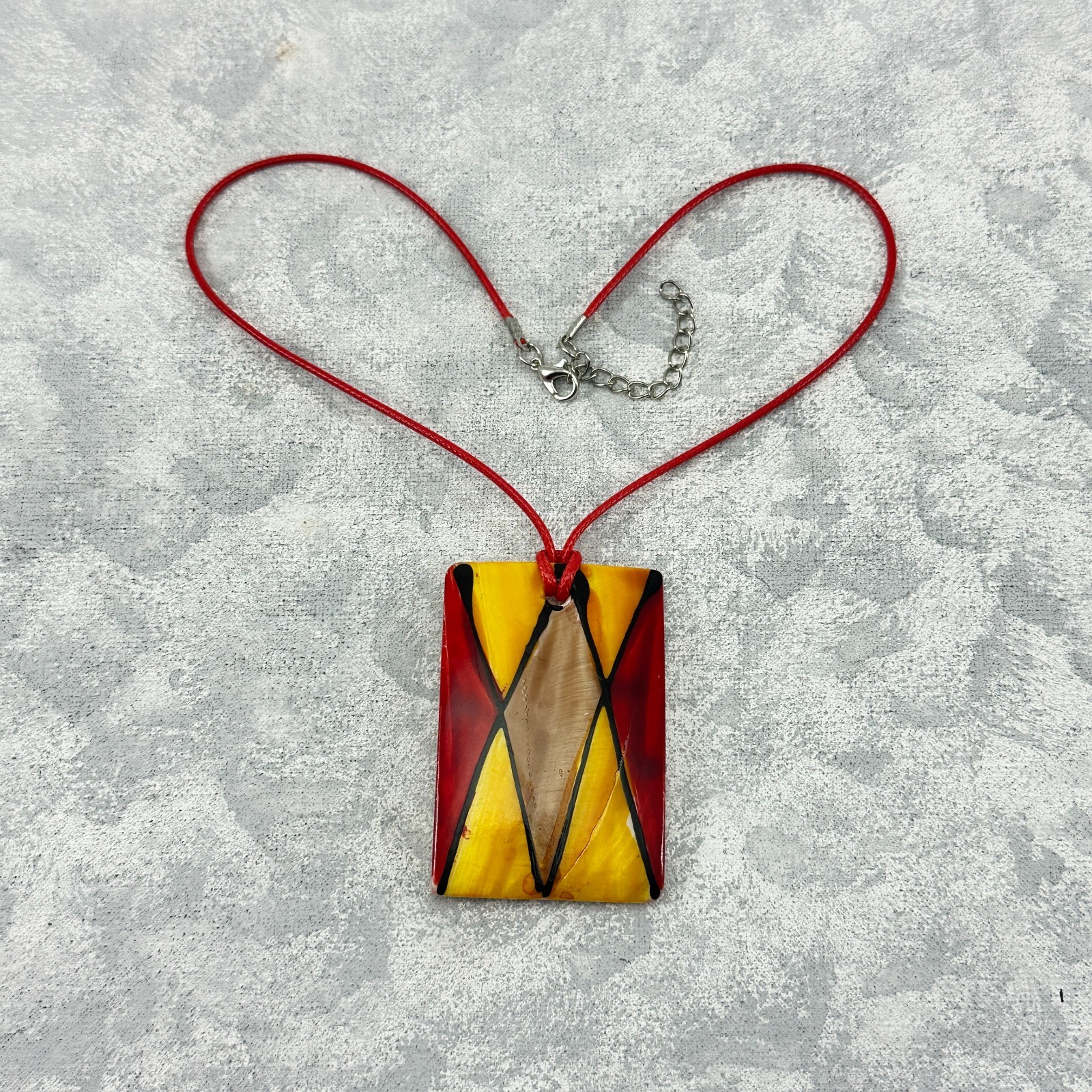 Necklace Large Yellow Red Rectangular Painted Mot… - image 2