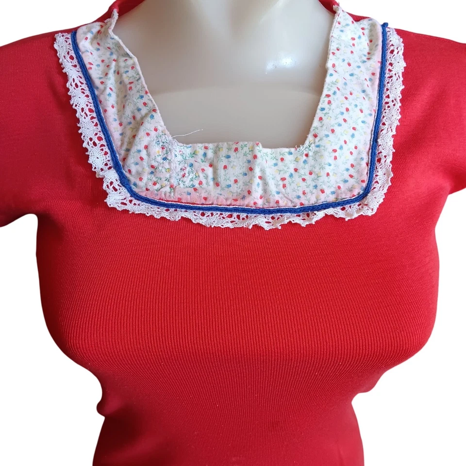XS Vintage Jcpenney Red Top Floral Lace Collar Cap Sleeves Girls 14 1970's Thin - Image 2 of 4