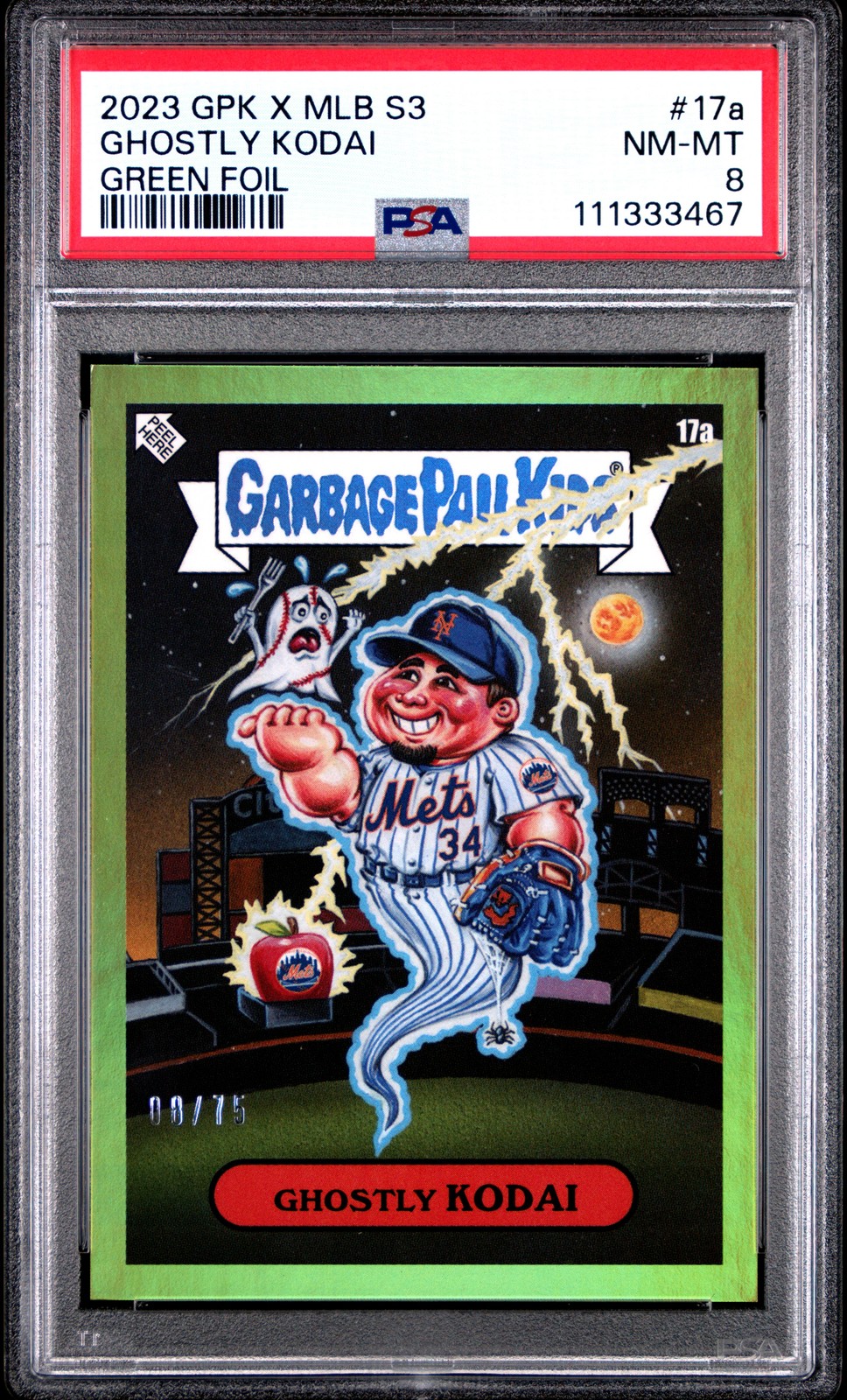 2023 TOPPS GARBAGE PAIL KIDS X MLB SERIES 3 GREEN FOIL GHOSTLY KODAI 8/75 PSA 8 view 1