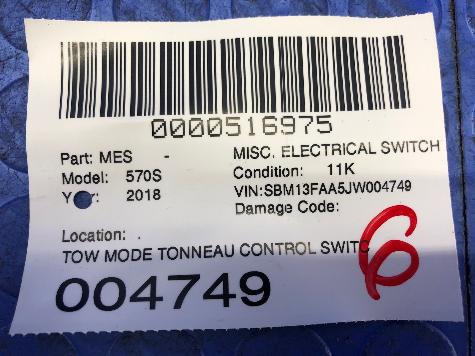 2016-2021 MCLAREN 570S TOW MODE TONNEAU CONTROL SWITCH BUTTON ASSEMBLY 11M1086SP