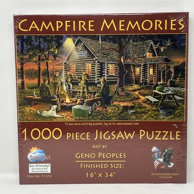 Sunsout CAMPFIRE MEMORIES 1000 pc Jigsaw Puzzle 16 x 34'' Geno Peoples HUNTING