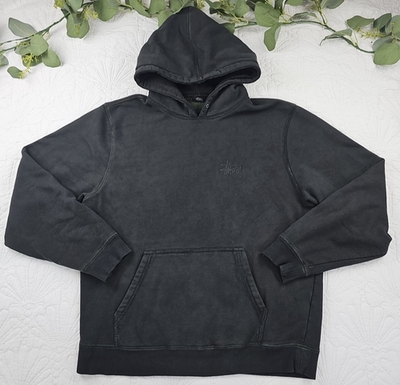 Stussy Men's Dark Gray Graphic Print Pullover Hoodie Size L Lime