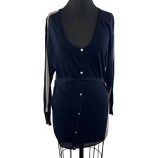 Pas de Calais Navy Blue Beige Wool Alpaca Silk Cardigan Sweater V-Neck Tie Sz M
