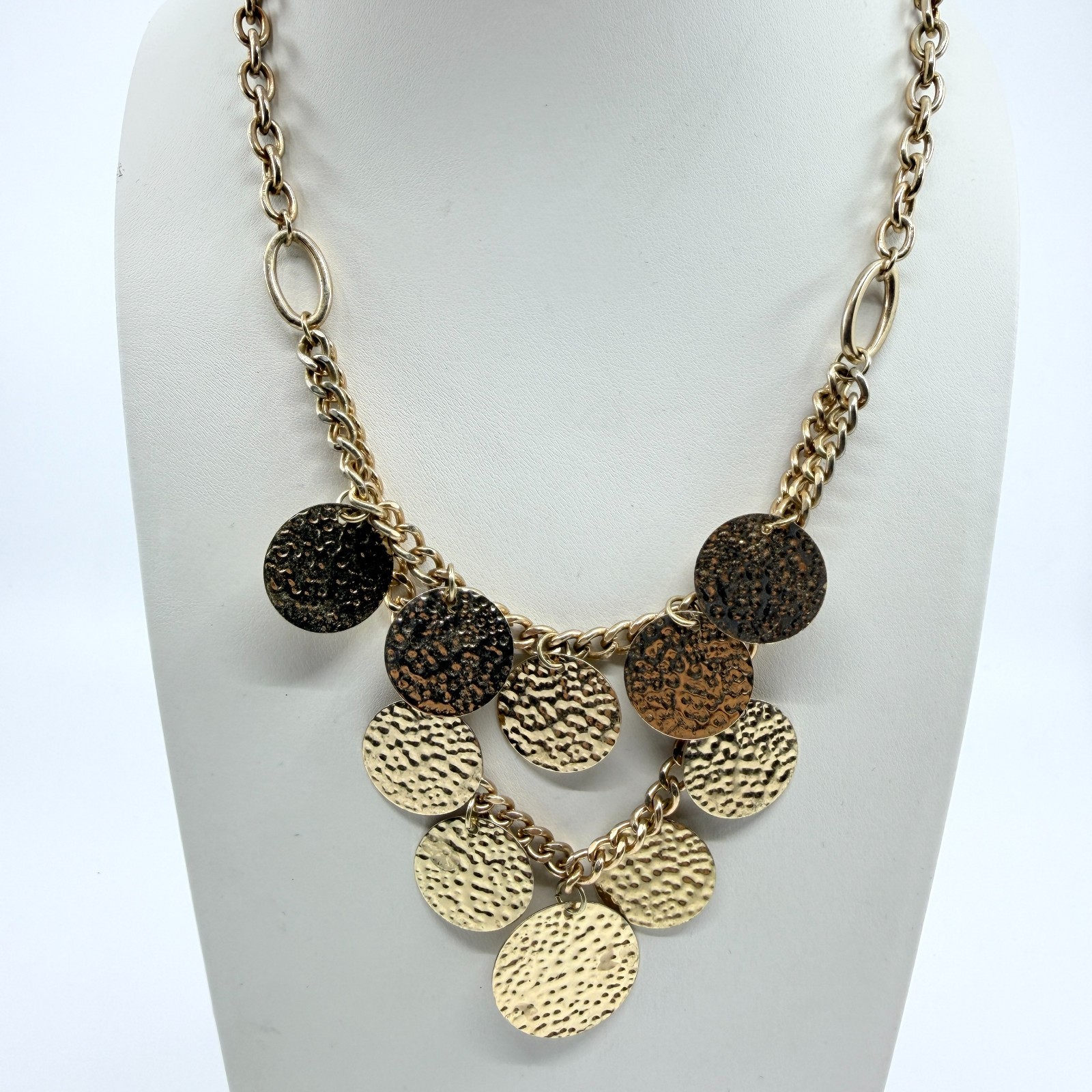Vintage Boho Gold Tone Hammered Disc Bib Necklace Y2K Statement Chunky Chain
