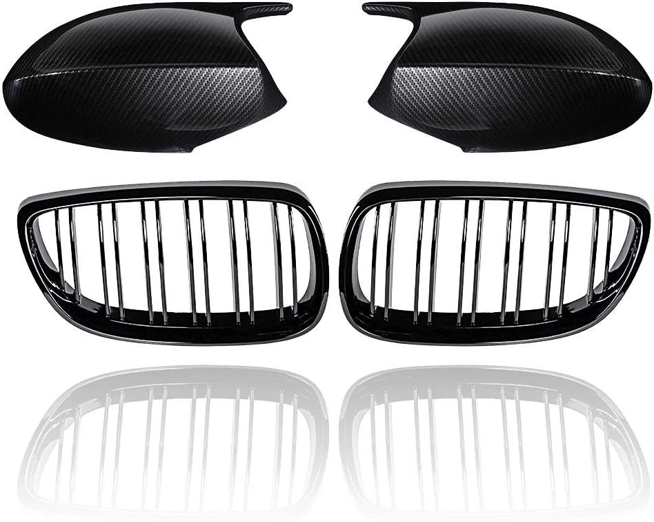 For 06-10 BMW E92 E93 Coupe Gloss Black Kidney Grill + Carbon Fiber Mirror Caps Foto 2 de 4