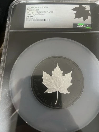 2020 3oz CANADA $50 NGC PF70 Maple Leaf Incuse Rhodium First Day Of Issue FDOI