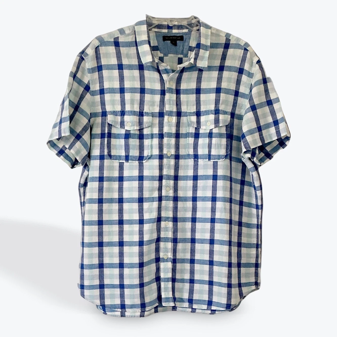 Banana Republic Linen Cotton Plaid Shirt Mens XL Blue Short Sleeve Button Front