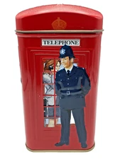 London England Telephone Booth Coin Bank 5.5" Metal Embossed Empty Tea Box Pkg