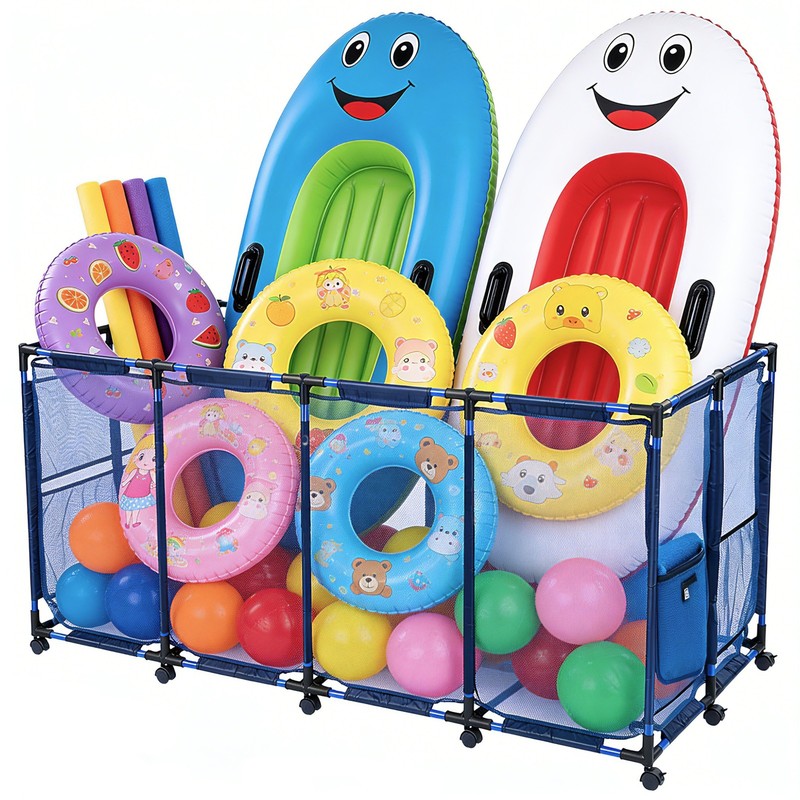Yescom Extra Large Metal Frame Pool Toy Floats Storage Bin with 12 Wheels, Blue