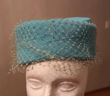 Vtg 60s Pillbox Hat Blue Textured With Netting And Bow On Top