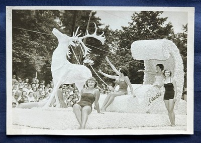 Reindeer Parade Float with Women in One Piece Bathing Suits B/W Vintage Photo