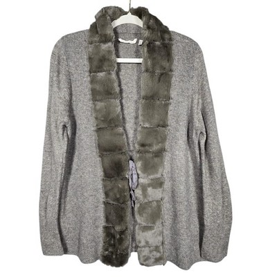 Soft Surroundings Cardigan Womens L Gray Faux Fur Trim Shawl Collar Knit Sweater