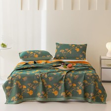 100 Cotton Jacquard Quilt Floral Ginkgo Leaves Print,Soft Muslin Bed Cover 3...