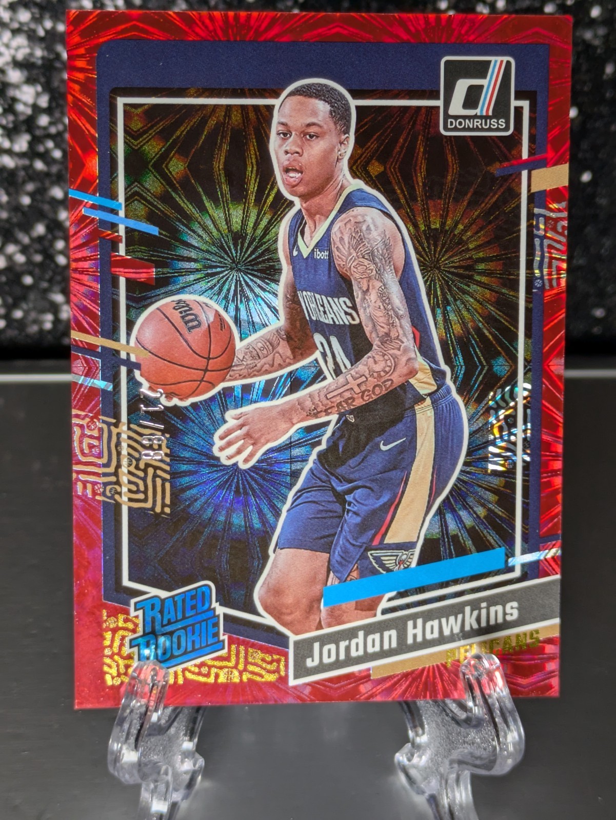2023-24 Donruss #219 Jordan Hawkins Fireworks Red Holo Rookie #21/88 Pelicans