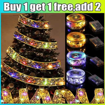LED Ribbon Christmas Tree Lights Xmas Tree Top Ribbon Bows Shop Party Decor