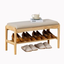 Small Shoe Bench, Solid Wood Bench with Cushion, 2 Tier Shoe Storage Organize...