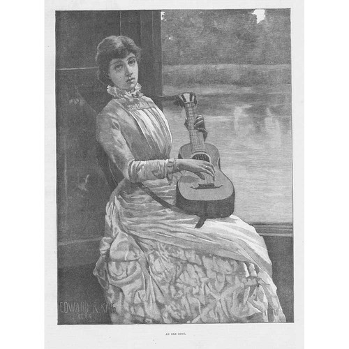 Victorian Lady Playing a Guitar by Edward R King - Antique Print 1885