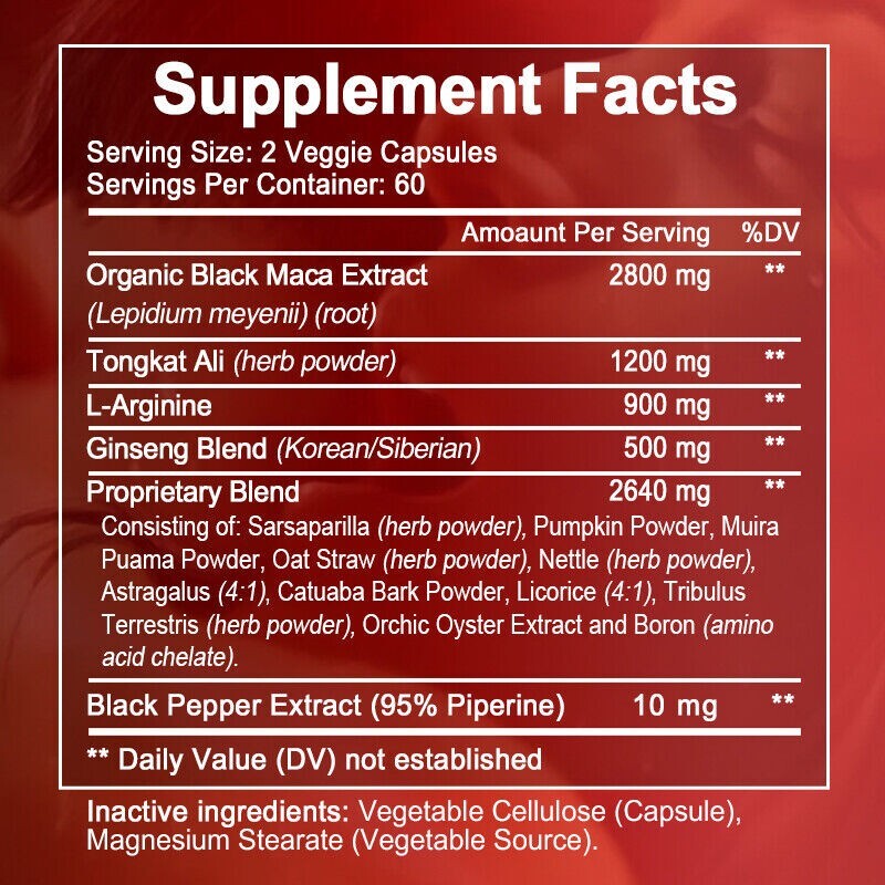 Maca capsules high dose + LArginine + Ginseng 60 capsules (Pack of 5