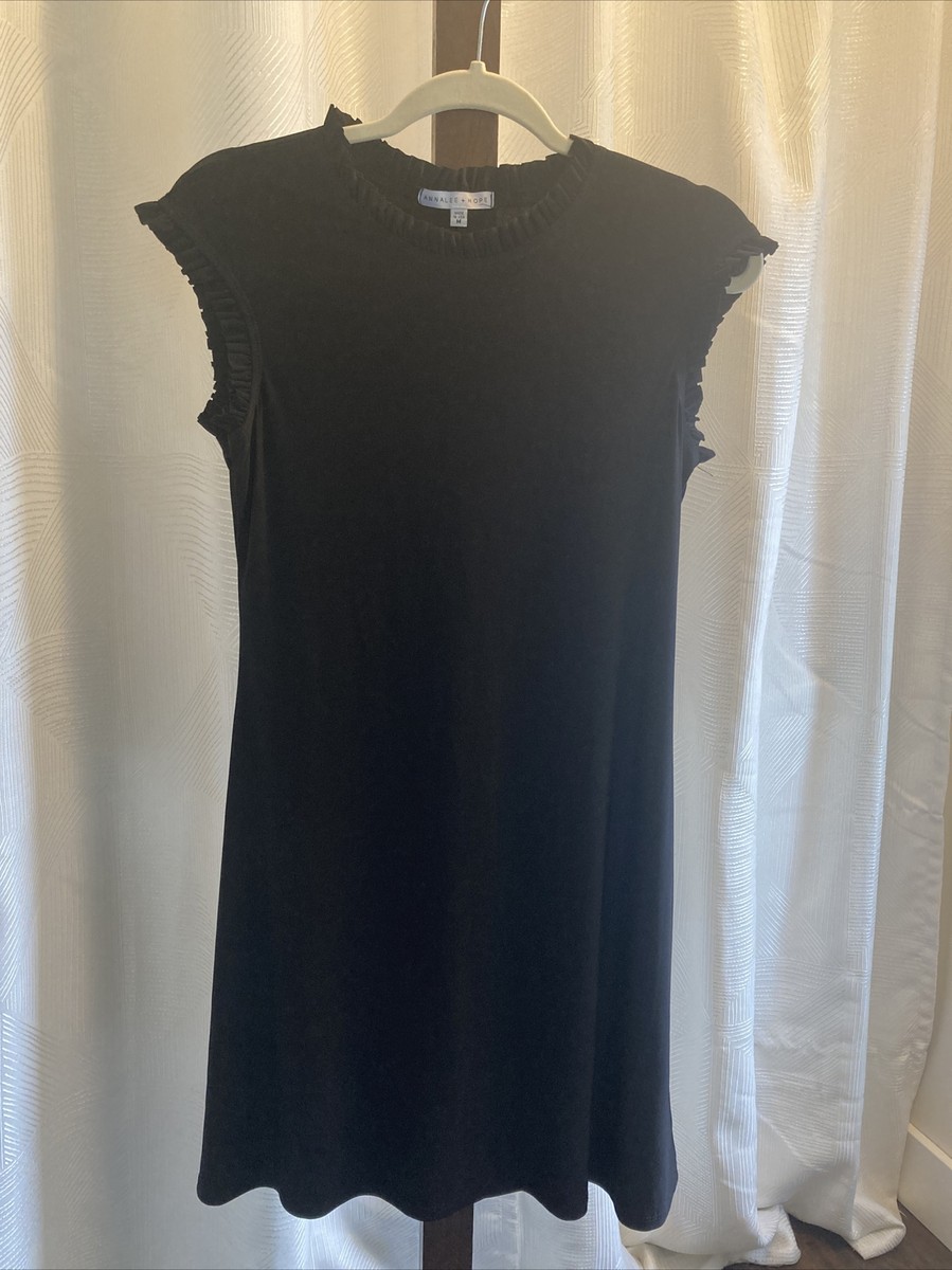 Annalee+Hope Dress M Stretch High Neck Babydoll Swing USA Made Black Ruffled Annalee+Hope Dress M Stretch High Neck Babydoll Swing USA Made Black Ruffled